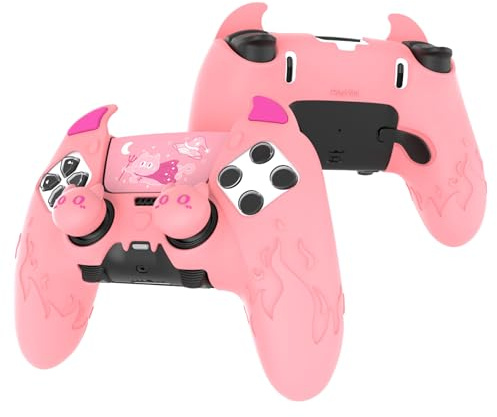 playvital Funda de Silicona para ps5 Edge Mando | Antideslizante, con Tapas para Joystick, Pegatina para Panel Táctil, Protección para Gamepad, Diseño Cute Demon, Rosa