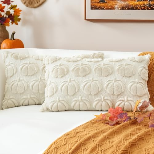 JOTOM 2er Set Kürbis Kissenbezüge, Plüsch Kurze Wolle Dekorativ Zierkissenbezüge Herbst Boho Kissenhüllen Sofakissen Moderne Kissenbezug Herbstdeko für Wohnzimmer Garten (40x60cm, Creme Beige)