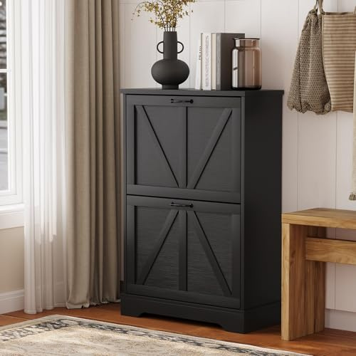 Semiocthome Farmhouse Shoe Storage Cabinet with 2 Flip Drawers, 23.6(W) Freestanding Shoe Organizer with Barn Door and Metal Handles for Entryway, Corner Rustic Narrow Shoe Rack Cabinet - Black