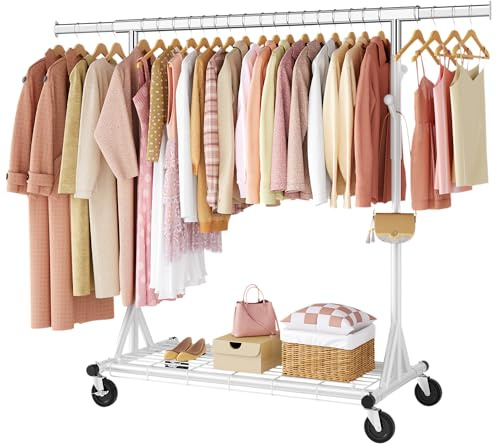 FAVOOSTY Portant à vêtements avec étagères,Portant à vêtements sur roulettes - En métal - Charge maximale : 200 kg - 50 x (106-170) x 169.5 cm, Installation rapide en 1 minute-Blanc