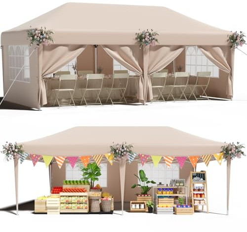TRIUMPHKEY Pavillon 3x6 Wasserdicht Stabil Winterfest mit 6 Seitenwänden, Faltpavillon Gartenpavillon Stahlzelt für Camping Festival Party, Beige
