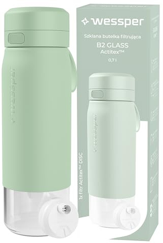 Wessper Botella Agua Filtro, 700 ml, Botella de Vidrio Borosilicato, con Filtro Agua Potable Actitex DISC, Contador de Sustitución del Filtro Integrado, Reduce el Cloro, BPA FREE - Menta | botella con filtro de agua de carbón activado, Contador de reemplazo de filtro de agua Integrado