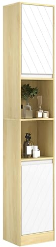 HOMCOM Meuble Colonne Salle de Bain à 6 Niveaux, Meuble de Rangement étroit avec 2 Portes, 2 Compartiments Ouverts et étagère réglable, pour Toilette, Petits espaces, 30 x 24 x 170 cm chêne et Blanc