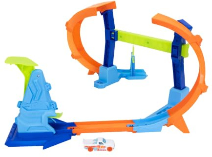 Hot Wheels Stunt Tracks Corkscrew Jump Champion und Spielzeugauto | Lass das Fahrzeug (1:64) durch die Loopingbahn flippen, Speed Snap Track mit Adaptern, kompakt verstaubar, JLM91