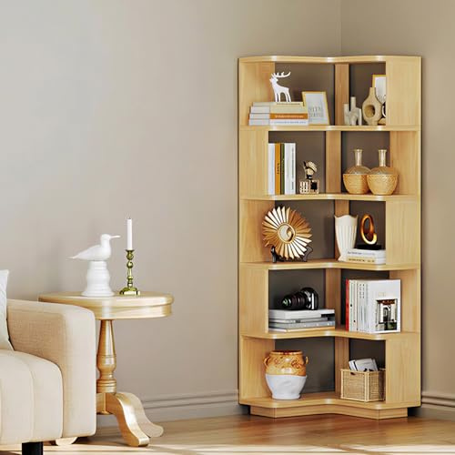 CozyDH Corner Book Shelf, 5 Tier Corner Bookshelf Etagere Bookcase with Baffle, Freestanding L Shaped Display Shelf Stand for Home Office, Living Room, Bedroom, Kitchen, Natural