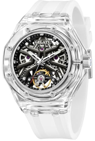 OLEVS Automatic Watches for Men Skeleton Self Winding Wirst Watch Luxury Dress Transparent Case Luminous Silicone Strap Mechanical Tourbillon White Watch