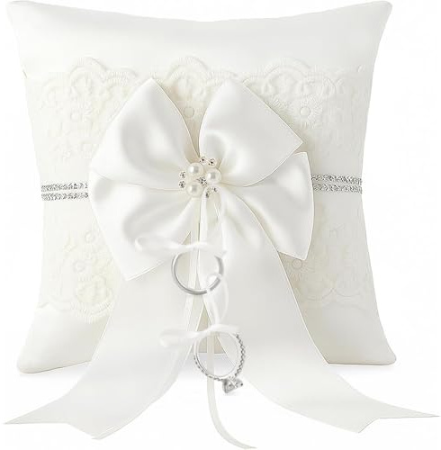 Avlnuwn Ivory Wedding Pillow for Ring Bearers – Satin Cushion with Lace and Pearl Bow for Ceremony Processions