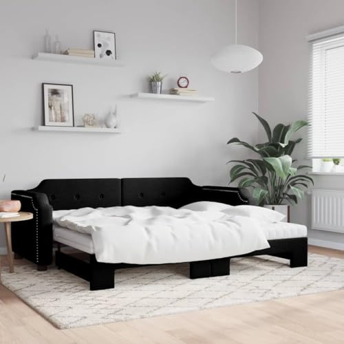 Yunovire Tagesbett Ausziehbar mit Matratzen, Schwarz 100x200 cm Stoff, 2-in-1 Schlafsofa für Gästezimmer, Modernes Wohnzimmer Möbel