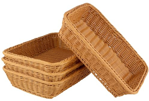 ZOENHOU 4 Pack Wicker Bread Baskets 35 x 25 x 7cm, Rectangular Imitation Rattan Woven Baskets, Wicker Fruit Vegetable Storage Hamper for Kitchen, Restaurant and Supermarket