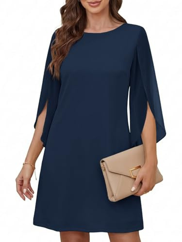 Cicy Bell Robe de cocktail élégante à col rond pour femme - En maille - Manches 3/4 - Couleur unie - Robe décontractée - Robe d'été