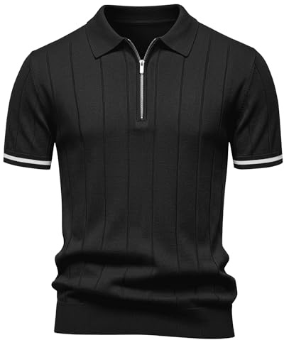 Elainone Men's Polo Shirt Short Sleeve Quarter Zip Striped Top | Smooth and delicate, Soft viscose fabric Natural & biodegradable, Lasting color,Fit well,Vertical Striped, Smart casual style