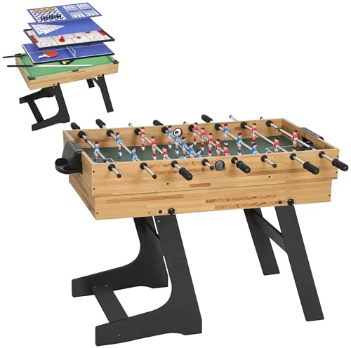 SPORTNOW Mesa Multijuegos Plegable 13 en 1, Mesa de Juego con Futbolines para Niños, Billar, Ping-pong, Hockey, Ajedrez, Damas, Backgammon y Accesorios, Diversión Familiar para Adultos y Niños Natural