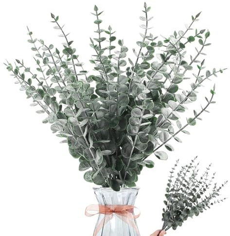 AEUXZA 30 Pezzi Eucalipto Artificiale, Rami di Eucalipto 38cm con Effetto Brina, Foglie di Eucalipto Finte per Decorazione Boho, Matrimoni e Vasi.