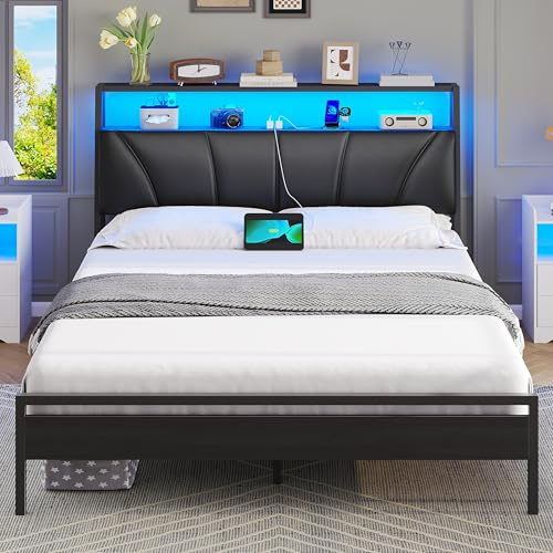 Brinlawb Double Bed Frame with Charging Station (2 AC Sockets, 1 USB‑A, 1 Type‑C Port) and LED Lights, 135x190 cm Stable Metal Bed Frame with Upholstered Headboard & 2-Tier Open Storage Shelves, Black