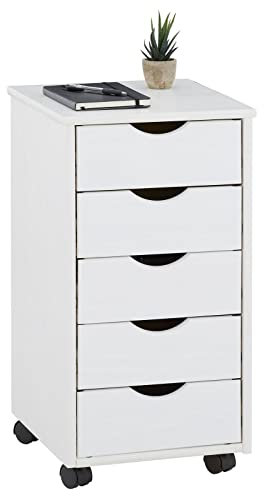 IDIMEX Rollcontainer Lagos, schöner Bürocontainer aus massiver Kiefer weiß lackiert, praktischer Rollwagen mit 5 Schubladen, rollbarer Schubladencontainer mit 4 Doppelrollen