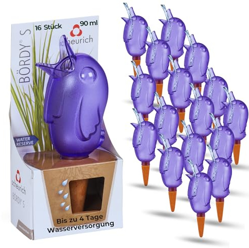 Scheurich Wasserspender S Bördy | 16 x Lila | 90ml Füllmenge | Bewässerungskugel klein mit Ton Fuß | Wasserspender Pflanzen und Blumen Terrakotta Stiel