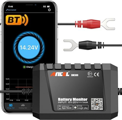ANCEL BM300 12V Battery Monitor Bluetooth 4.0 - Tester Batteria Auto con funzione di carica, test di avviamento e allarme -Tester di tensione della batteria con sistemi a energia solare per SUV camion