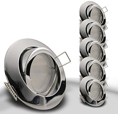 trendlights24 Premio LED Einbaustrahler 230V Chrom rund, 5er Set Spots 6W 450 lm GU10 Warmweiß, Decken Einbauleuchte 68 mm, Einbauspots schwenkbar