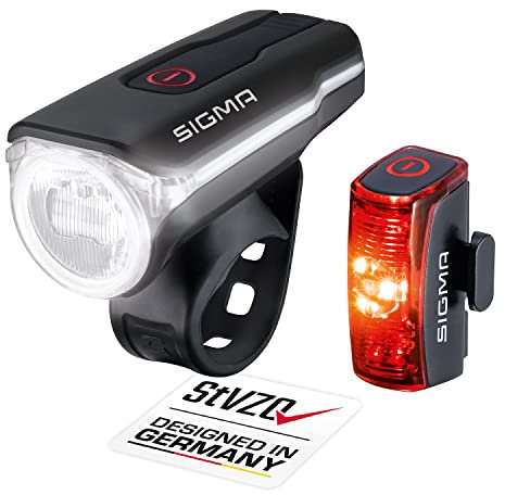 Sigma LED Fahrradlicht Set Aura 60 und Infinity | StVZO zugelassenes, akkubetriebenes Vorderlicht und Rücklicht | spritzwassergeschütztes Fahrradbeleuchtungsset