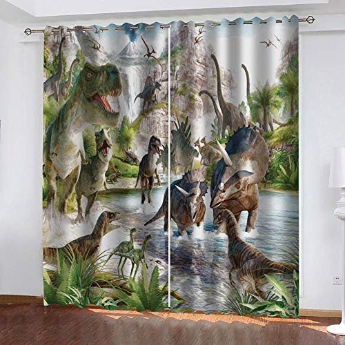 JYNVOAT Gardinen Jura-Dinosaurier 2er Set Kinder Vorhang Blickdicht Schal, 3D Gardine Blickdichte mit Ösen, Printing Shading Vorhänge 150 x 166cm