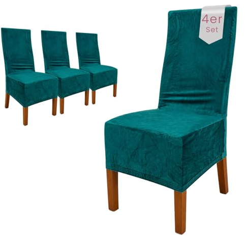 Scheffler Home Stuhlhussen Samt Türkis 4er Set Puma | Weiche Velours-Stuhlbezüge, elastisch und waschbar, für Hochlehner, Polsterstühle und Esszimmerstühle