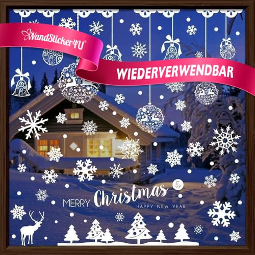 WandSticker4U®- XXL Fensterbilder Weihnachten selbstklebend WEIHNACHTSKUGELN & SCHNEEFLOCKEN weiß I Fenstersticker Weihnachten wiederverwendbar Weihnachtsdeko Fenster Aufkleber Winter GROß