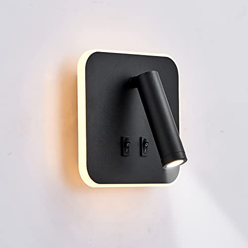 uksunvi Lampada da parete a LED, lampada da parete da lettura sul comodino, lampade da lettura a parete a LED da 12 W, faretto regolabile （3W + 9W 3000K luce calda） nero (quadrato)