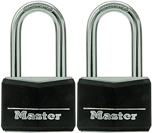Master Lock Black Vinyl Covered Aluminum Padlock with Key, Keyed-Alike Lock for Toolboxes, Gym Lockers, or Storage Locker, 2 Pack, 141TLF