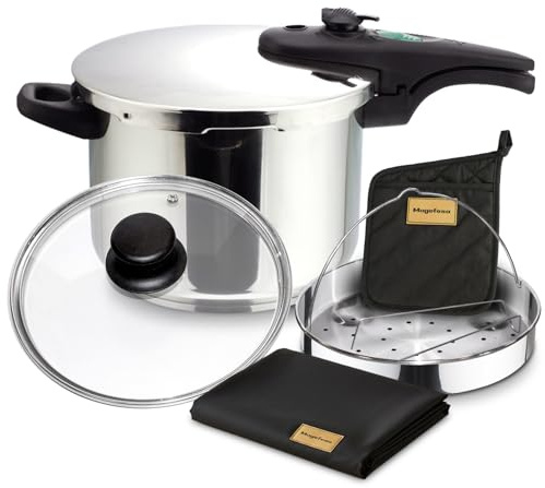 Magefesa Athenas - Pack Exclusivo Olla Express Rápida de 6L + Cestillo + Tapa de Cristal + Paño + Tomaollas, Acero Inoxidable 18/10, Para Inducción, Fondo Termo-Difusor