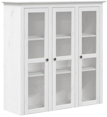 vidaXL Vitrinenschrank, Vitrine mit viel Stauraum, Bücherschrank Schrank mit Glastüren Metallgriffen, Sideboard Aufsatz Wohnzimmerschrank, Weiß Massivholz Kiefer