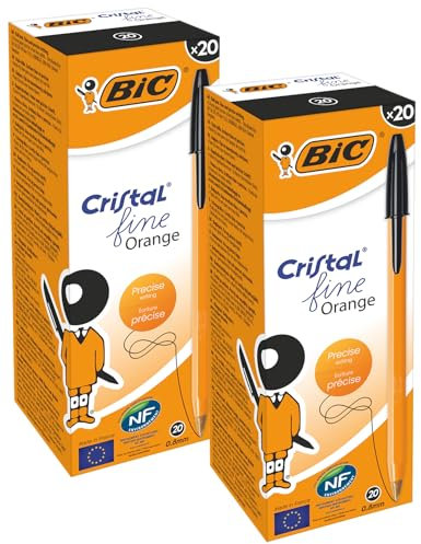BIC Kugelschreiber Orange fine/ 40 Kulis in Schwarz – Strichstärke 0,35 mm - fein – Dokumentenecht | 40er Pack