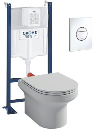 Pack WC Suspendu sans Bride + abattant + Bâti Support + Sail Plaque de Commande WC Rond Blanc