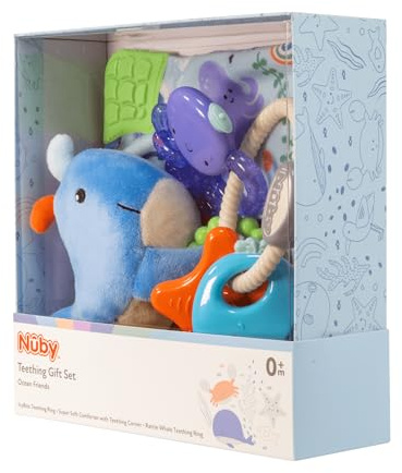 Nuby Ocean Friends Zahnen Geschenkset - 3-teiliges Andenken-Set | Tröster, IcyBite Beißring & Rassel Beißring | Geschenkbox inklusive | Geeignet ab Geburt