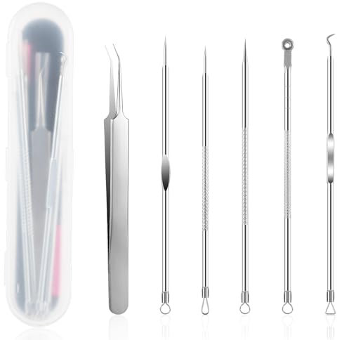GEEHUA Kit de 6 herramientas para eliminar puntos negros de doble cabeza, de acero inoxidable, extractor de espinillas con estuche para acné, comedones de puntos blancos en la nariz y la cara
