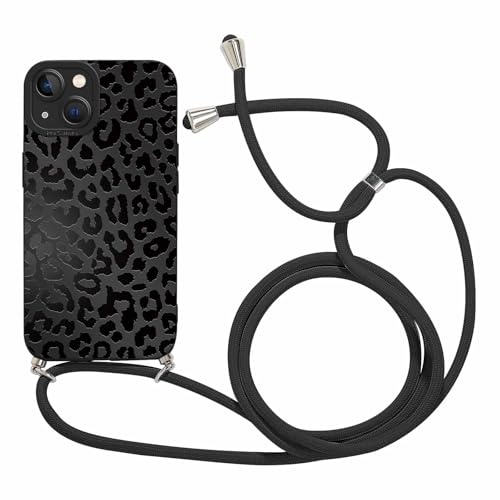 Coalbooliy Handyband für iPhone 13 Hülle mit Band, Aesthetic Schwarzer Leopard Muster Verstellbarer Halskette Handyhülle Kordel zum umhängen Silikon Case Stoßfest Schutzhülle mit Kette, 03