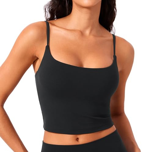 CRZ YOGA Butterlift Womens Scoop Neck Longline Sports BH - U Back Justerbara remmar Workout Crop Linne med inbyggd BH Svart XS