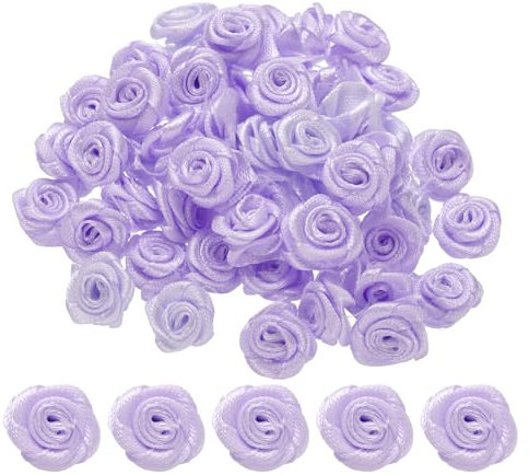 QUARKZMAN 100pz 1,5cm Mini Rose di Nastro in Raso Fiori Artificiali Stoffa Nastro Raso per Accessori Fai Da Te Cucito Confezione Regalo Decorazione Matrimonio, Viola
