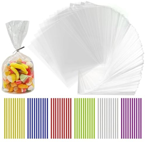 VIVIIHOO 100 Stück Cellophantüten mit Boden, Durchsichtige Geschenktüten zum Befüllen 25x15cm, Inklusive 100 bunten Krawatten, Geeignet für Süßigkeiten, Schokolade und Brot