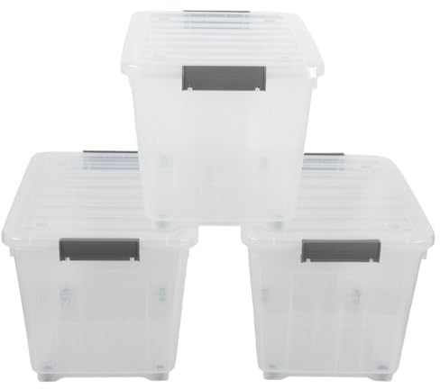 Jolie Max 44L Storage Boxes with Wheels, Durable Plastic Storage Containers with Lids, Stackable & Nestable Design with Side Latching Buckles, Transparent High-Grade Plastic – 52 x 38 x 35 cm (3)