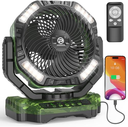 PANERGY Ventilador de camping con linterna LED, ventilador USB recargable, ventilador de escritorio oscilante automático con control remoto, 4 velocidades, 4 temporizadores, ventilador de tienda de
