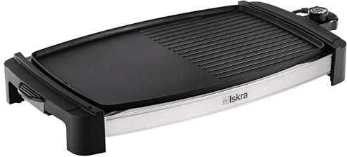 Iskra Tischgrill elektrisch mit Antihaftbeschichtung, Teppanyaki Grill mit Fettauffangschale, Elektro Tischgrill für Balkon mit Dual-Grillplatte, 2000W