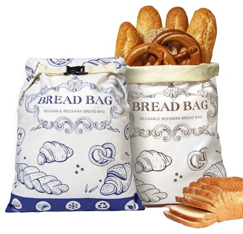 Stnopw 2 Pcs Bread Bag,Beeswax Bread Bag With Zipper Reusable,Large Capacity for Homemade Bread,Sourdough Cotton Bag for Fresh Bread Storage