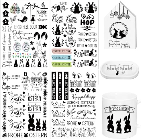 4 pegatinas A5 Rub On de Pascua, 21 x 14 cm, pegatinas de transferencia, Rub On Pegatinas, para huevos de Pascua, conejos de Pascua, frases para cristal, madera, muebles, scrapbooking