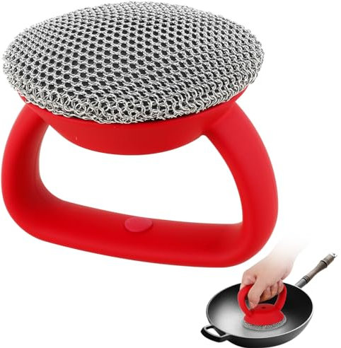 Fyeme Gusseisen -Peeling 316 Edelstahl Gusseisen -Peeling mit Griffstahl Wollwolle runden Kettenmail -Schrubbenbürste zum Reinigen von Kochgeschirr Pfannen Backware Grills
