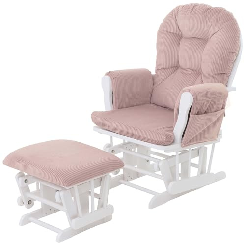 Mendler Relaxsessel HWC-C76 Stoff - rosa Gestell weiß | Schaukelstuhl, Sessel, Schwingstuhl, mit Hocker, Cord, 320g/m², Öko-Tex