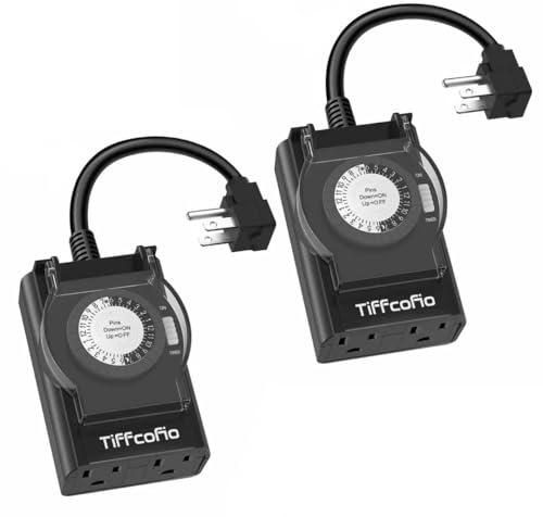 TiFFCOFiO Digital Outdoor Timer Outlet Waterproof, Dial Programmable Method, 2 Grounded Electrical Outlets for Pool Pump and Lights, 6 Sets of Programs, 15A/1875W (Mechanical, 2 Packs)