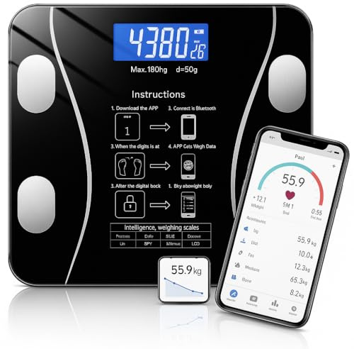 Báscula inteligente Bluetooth – Peso y% de grasa corporal – Análisis corporal completo en APP (IMC, músculo, agua, metabolismo) – Precisión profesional – Pantalla LED – Compatible móvil