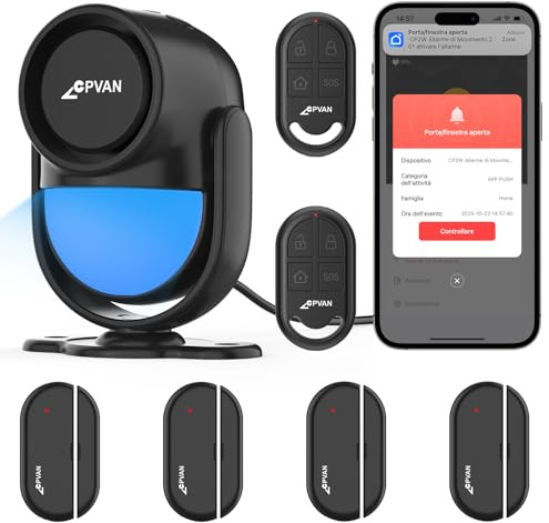 CPVAN WiFi Alarmanlage Haus mit PIR-Bewegungsmelder, Drahtloses DIY-Smart-Alarmsystem mit 4 Tür-/Fenstersensoren für Sicherheit – Lokalaler Alarm & App-Benachrichtigung, Schwarz