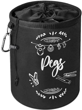 Flatro Clothes Peg Bag for Washing Line with Hanger Waterproof | Store up to 300 Pegs for Clothes line Peg Bags with Hanging Clip & Drawstring Closure | Peg Bags for Clothesline (Black)