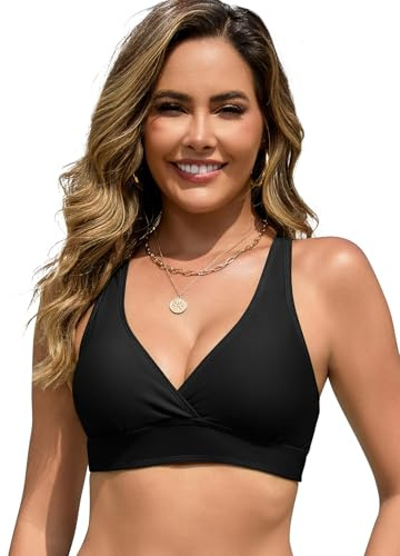 SHEKINI Women's Adjustable Straps Padded Bikini Top Only | Adujustable Wide Straps, Removable Padding, Criss-cross Back, V Neck Swimwear Top